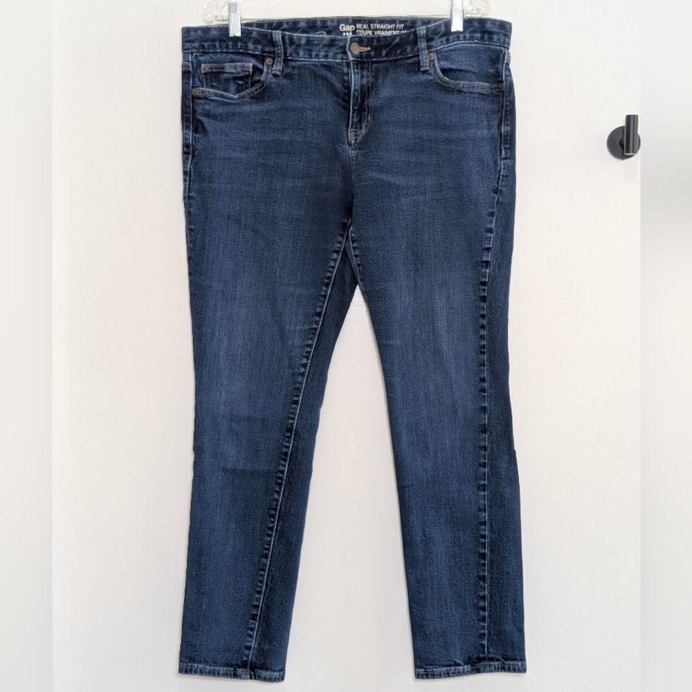 Gap Real Straight Dark Wash Denim Jeans Women’s 16 / 33R Clean Girl - Picture 2 of 5